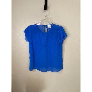 Liz Claiborne Petite Womens Blue Layered Ruffle Short Sleeve Blouse PM Polyester